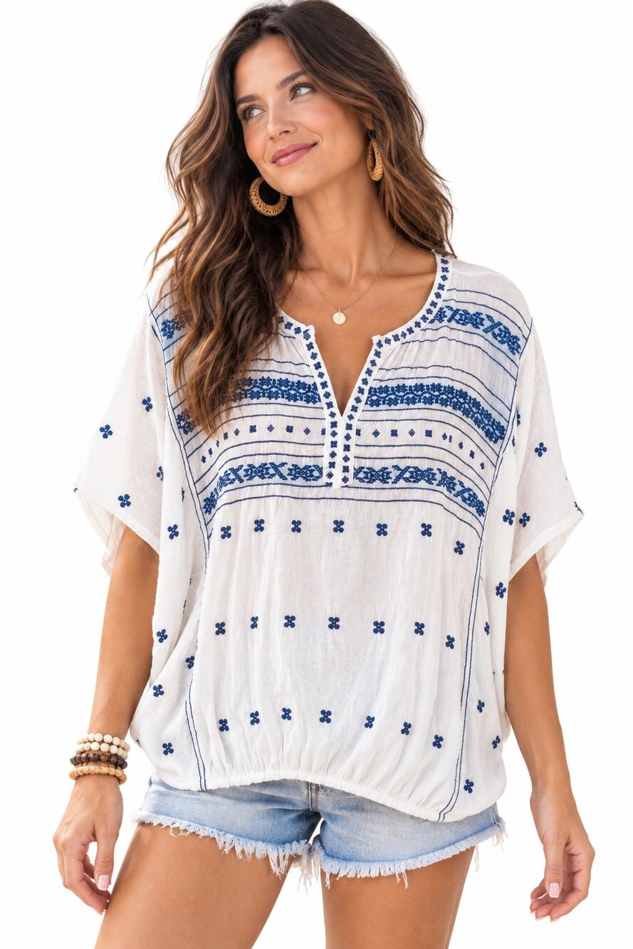 Lucky Brand Embroidered Boho Top Womens XL White Blue Semi Sheer Peasant Blouse